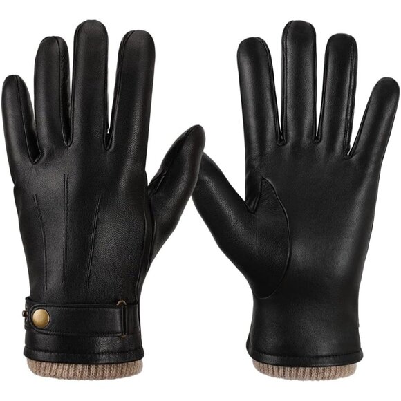 Men's Black Winter Leather Soft Warm Wool Lining Phone Texting Touchscreen Glove - Picture 1 of 7